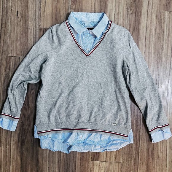 Tommy Hilfiger Collared Long-Sleeve Layered Sweater Top - Light Blue/Grey - L - Picture 6 of 7